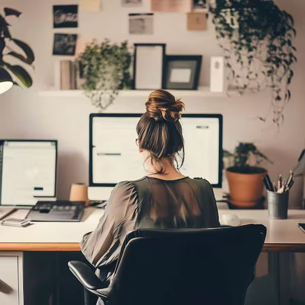 Eine Person mit einem Dutt sitzt an einem Schreibtisch mit zwei Computermonitoren, umgeben von Topfpflanzen, Büromaterial und Wanddekoration in einem Heimbüro.
