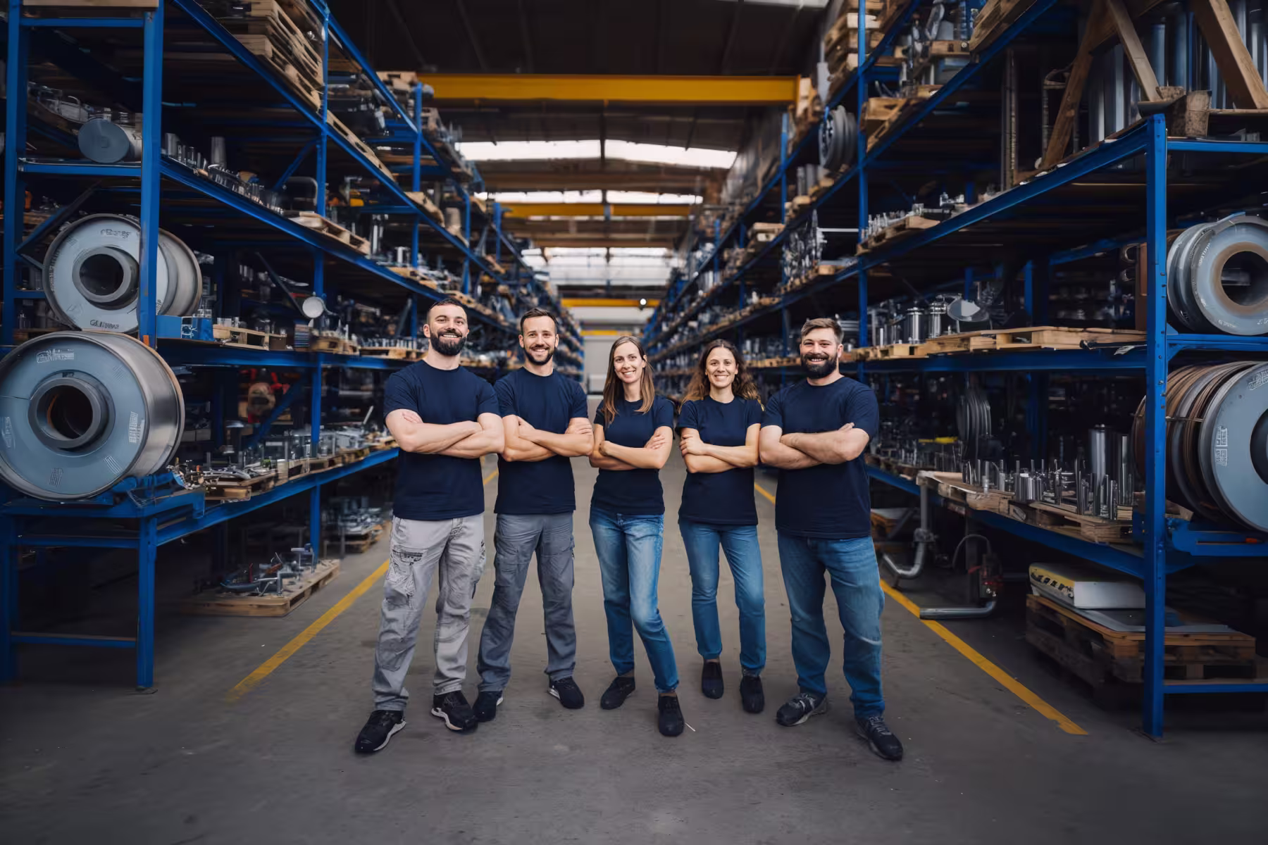 Fünf Personen stehen mit verschränkten Armen und einem Lächeln im Gang eines großen Industrielagers, umgeben von Regalen mit Metallteilen und -geräten. Sie tragen alle dunkle T-Shirts und Jeans und schauen in die Kamera.